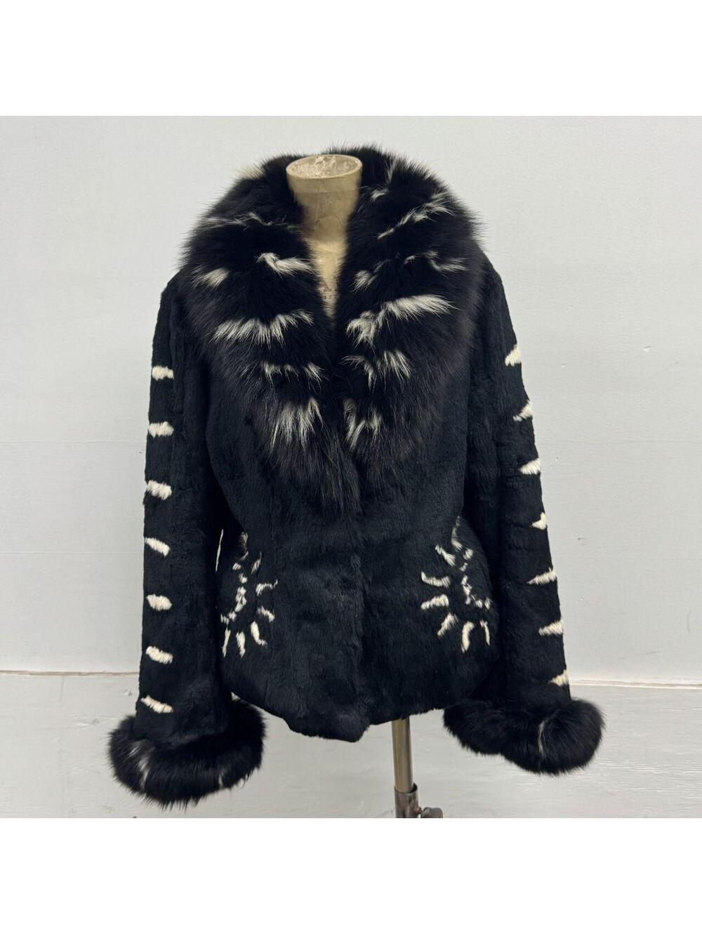 Vintage Y2K Tribal Pattern Black and White Rabbit & Fox Fur Jacket Coat